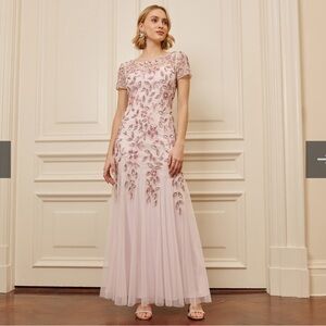 Hand Beaded Short Sleeve Floral Godet Gown In Blush Pink Size 8